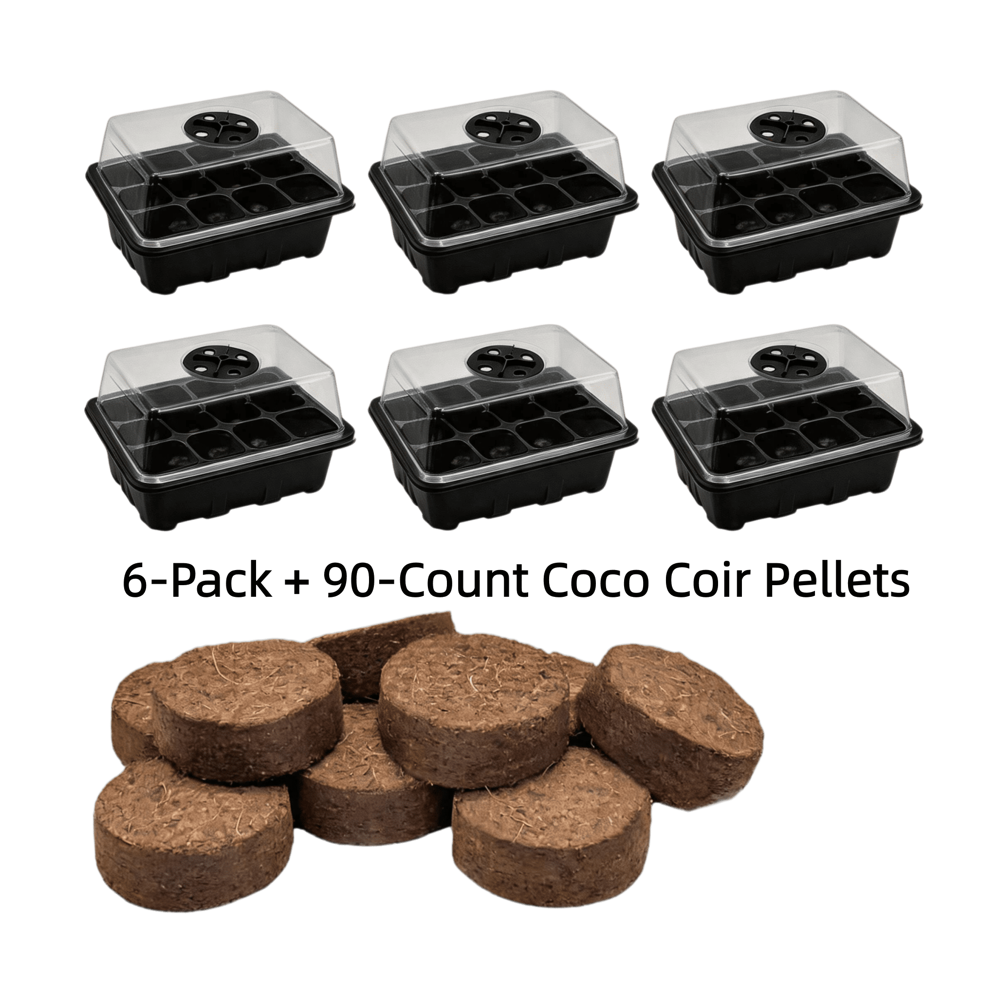 Seed Starter Tray Kit, 6-Piece Humidity Controlled Trays and 90 Eco-Friendly Coco Coir Pellets, Seedling Germination Station with Dome for Indoor Garden and Vegetables