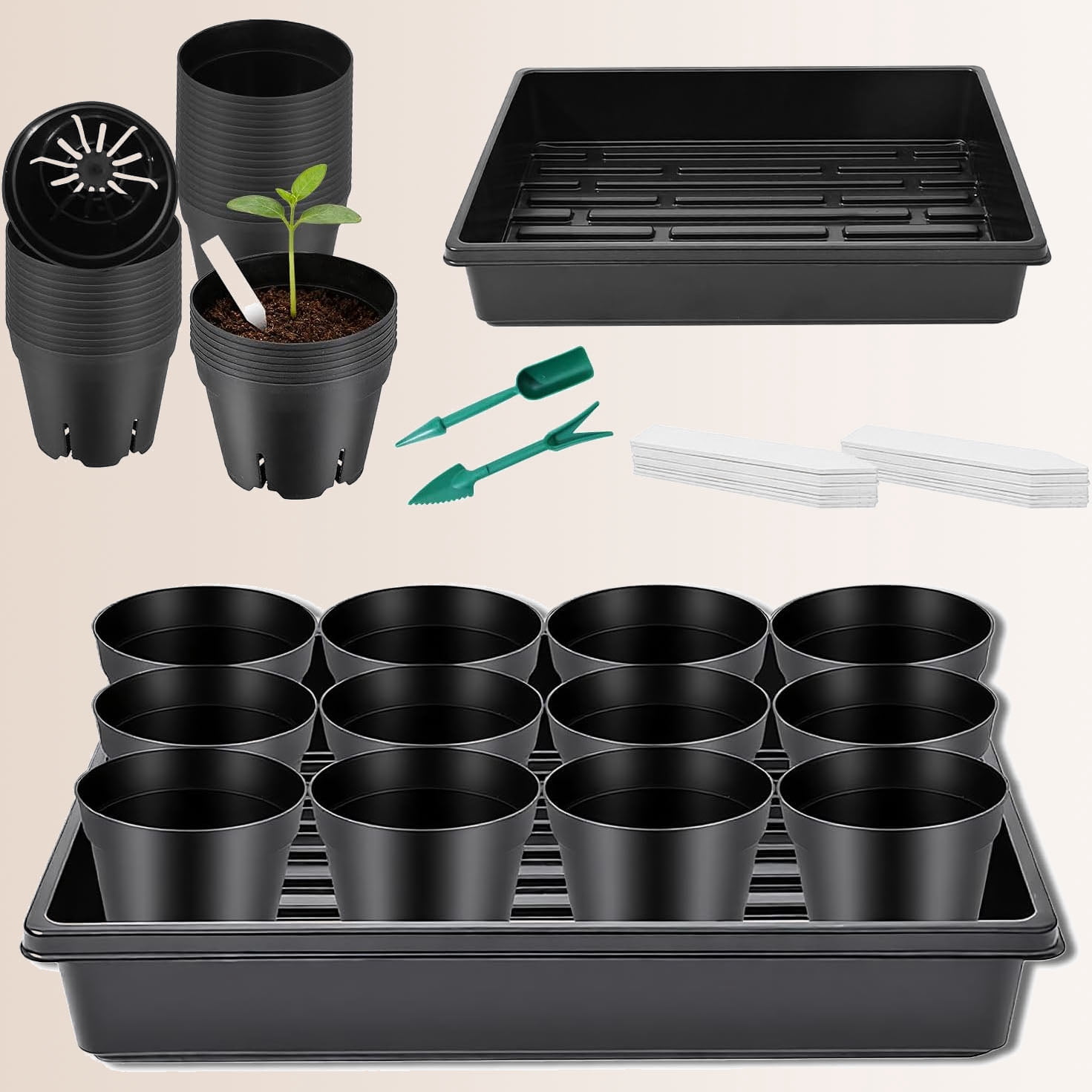 Seed Starter Tray Kit - 60-Pack Round Nursery Pots with Drainage Holes, Seedling Trays, Plant Labels & Transplanting Tools for Vegetables, Flowers, Herbs