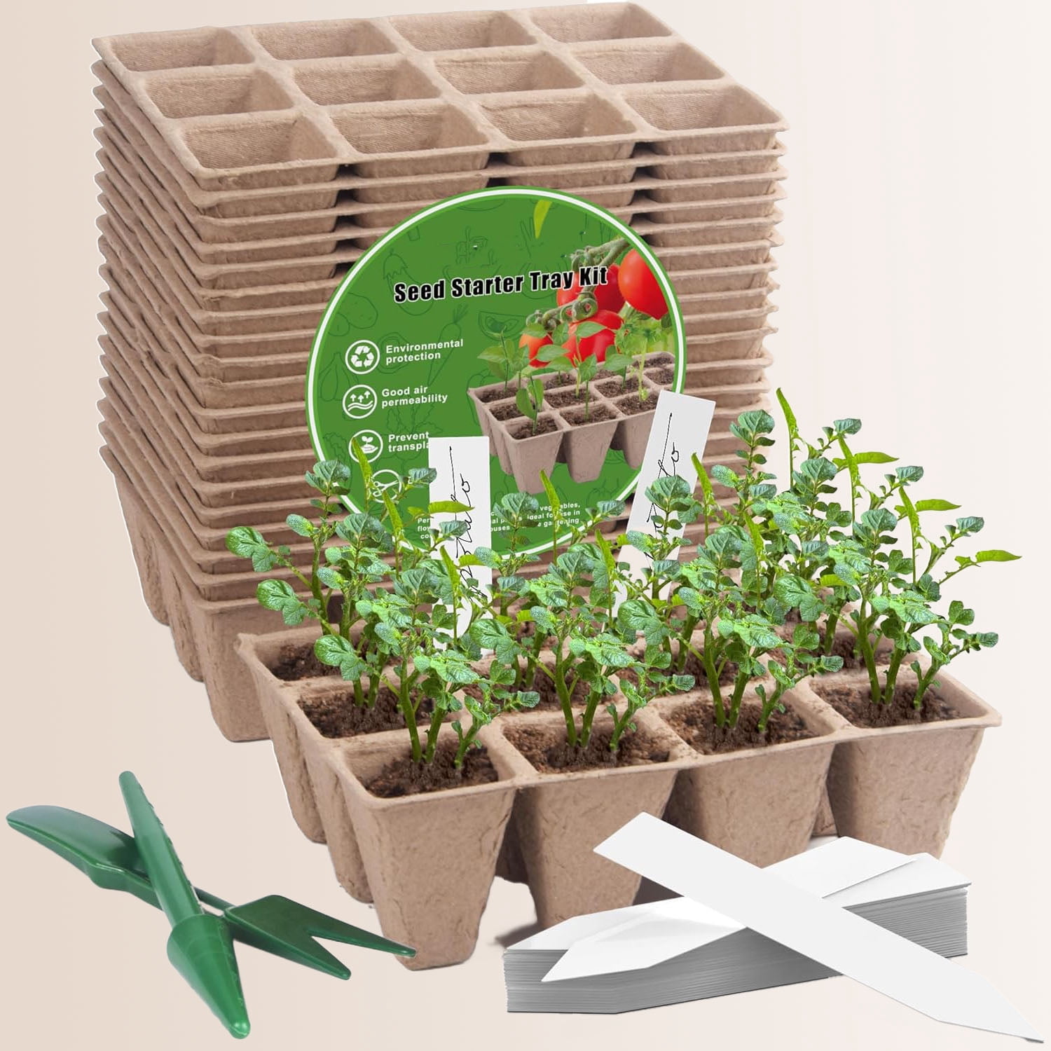 Seed Starter Tray Kit, Biodegradable Peat Pots for Seedlings Trays, Plant Starter Germination Kit with Labels and Transplant Tools
