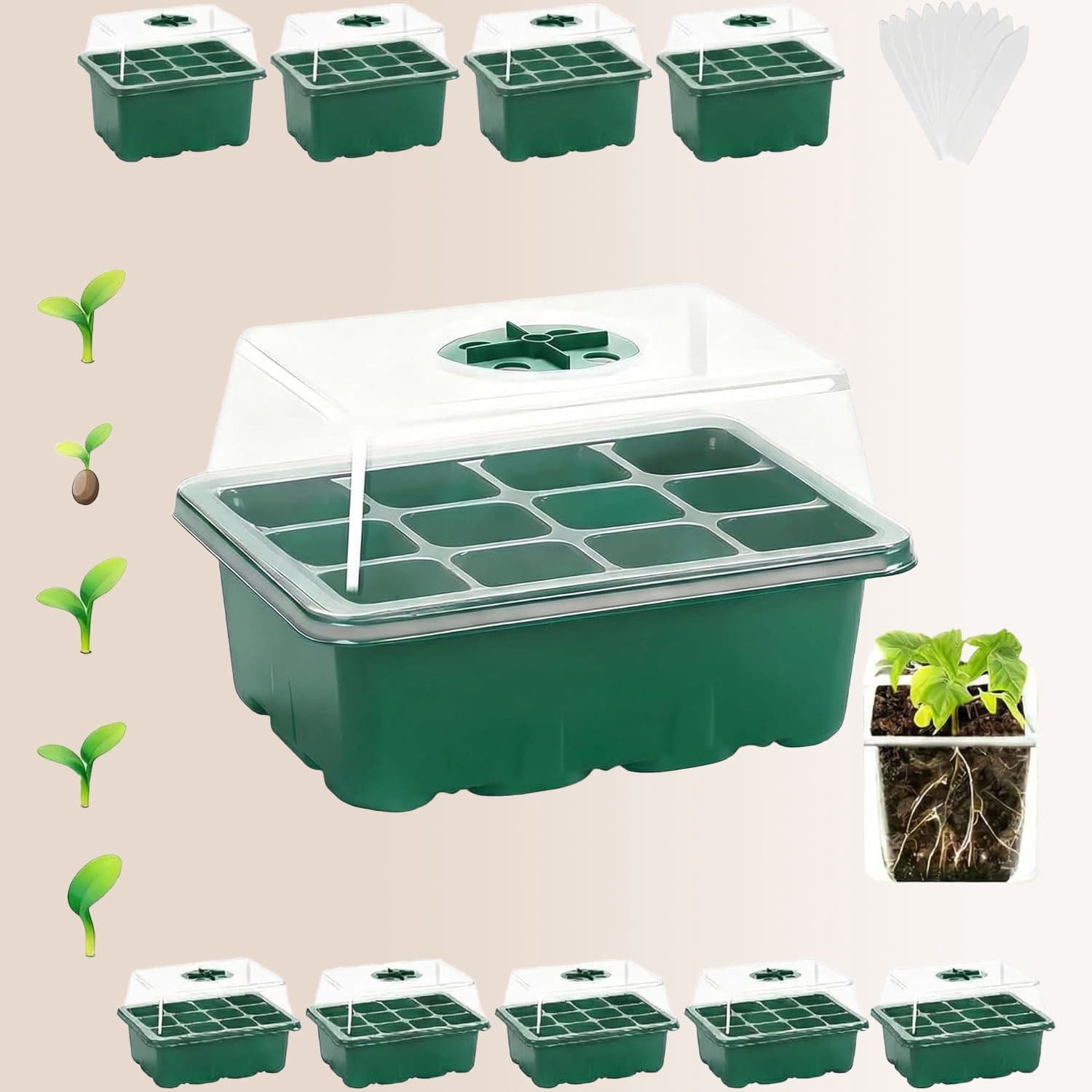 Seed Starter Tray Kit with Humidity Dome, 120 Cells Total Tray and Base for Germination
