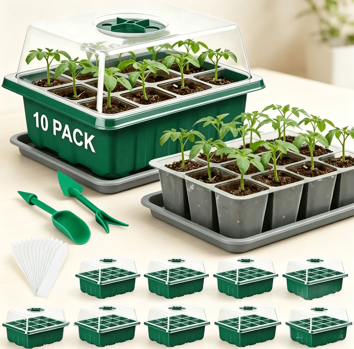Seed Starter Tray Kit with Humidity Dome, Plant Germination Trays (Green)