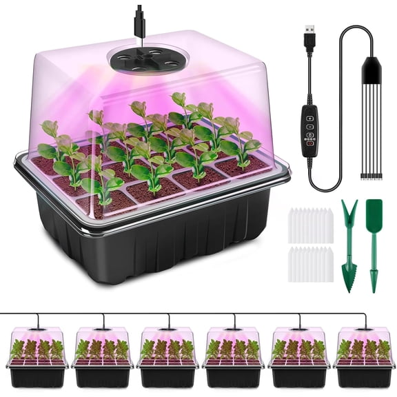 Seed Starter Tray with Plant Light, 6 Pack Grow Lights for Seed Starting Kit with Humidity Domes, Timing Controller Adjustable Brightness for Greenhouse Propagator Station Planting Growing