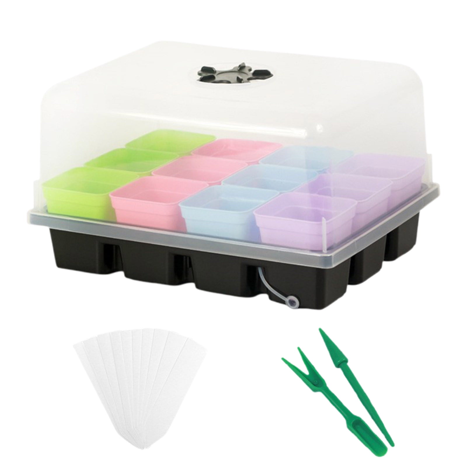 Seed Starter Tray Seedling Kits, with 12 Plastic Pots, 10 Labels,1 Pair Of Excavators and Base, Indoor Greenhouse Mini Propagator for Seeds Growing Starting (A)