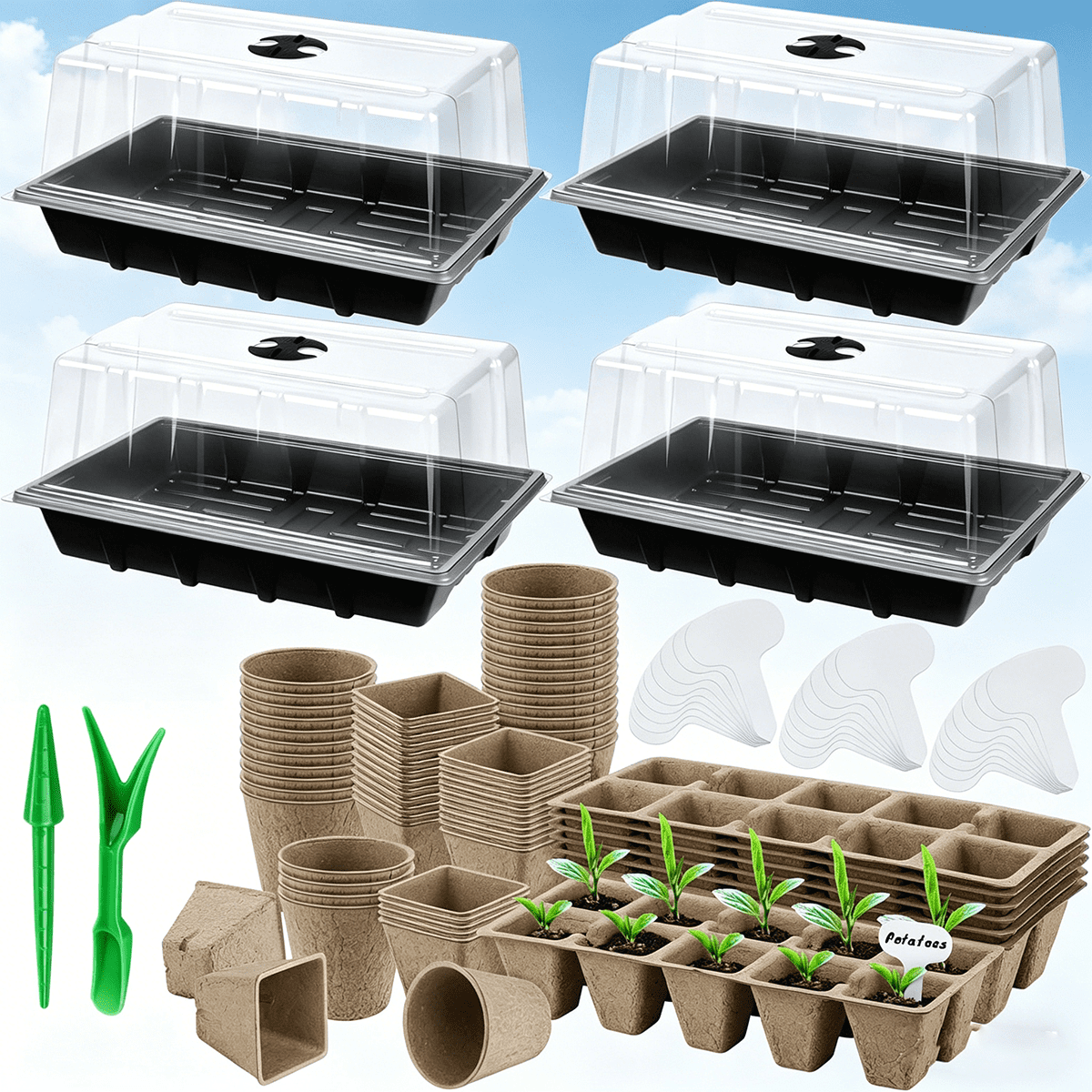Seed Starter Tray Set with Pots, Germination Tray, Plant Labels and Tool