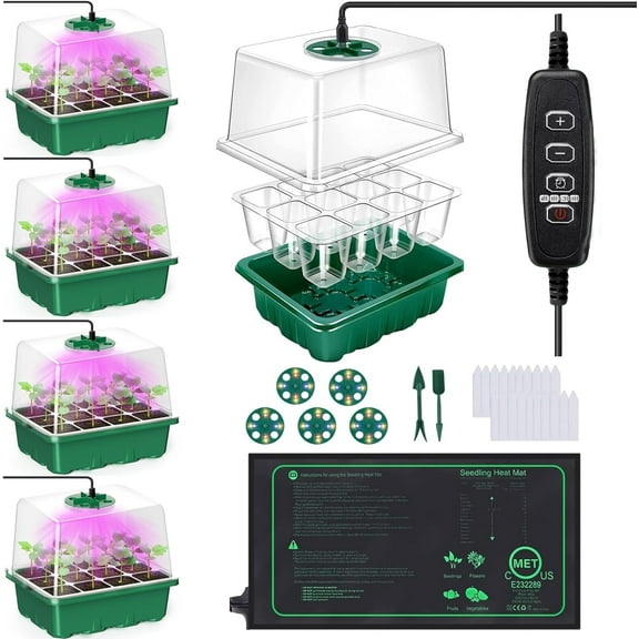 Seed Starter Tray with Heat Mat and Grow Light,5 Pack Seedling Trays Time Controller,Seedling Adjustable Brightness,Seed Starting Kit Humidity