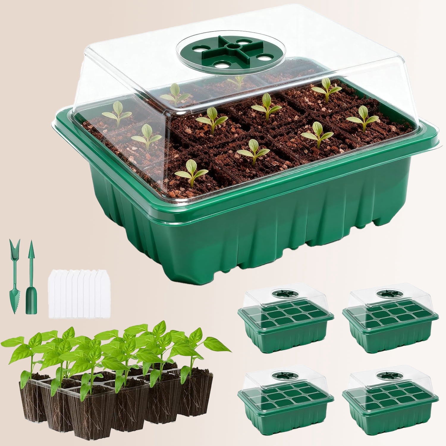 Seed Starter Tray with Humidity Dome, Seed Starter Kit with Transparent Drain Hole Base Indoor Greenhouse Propagator for Seeds Growing
