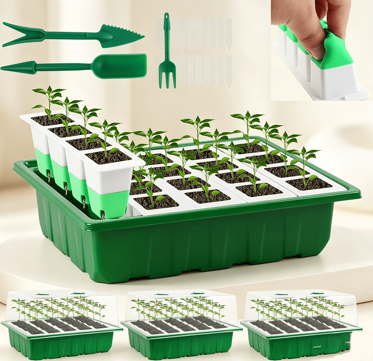 Seed Starter Tray with Soft Silicone Cells, Seedling Trays Kit, Plant Starter Trays with Humidity Dome and Base Germination Kit