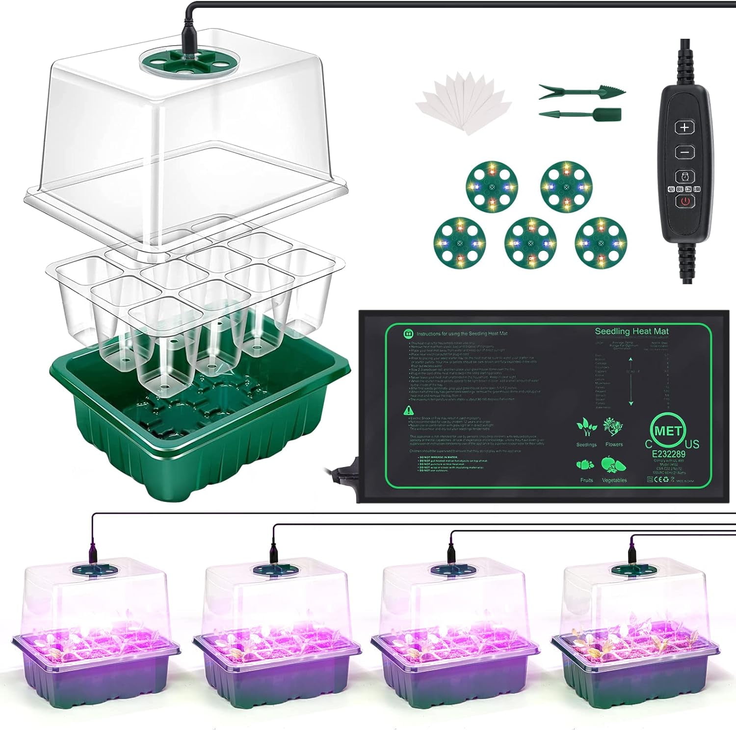 Seed Starter Tray with Upgraded Grow Light Seedling Heat Mat, 5 Pack Seed Starting Kit with Adjustable Humidity Dome and Base for Plant Germination