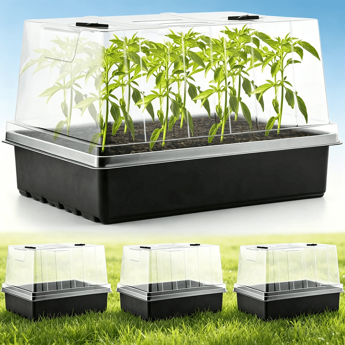 Seed Starter Trays with Humidity Domes – Reusable Plant Germination Kit for Microgreens, Herbs & Indoor Gardening | Clear Vented Lids, Fast Seedling Growth & Durable Design