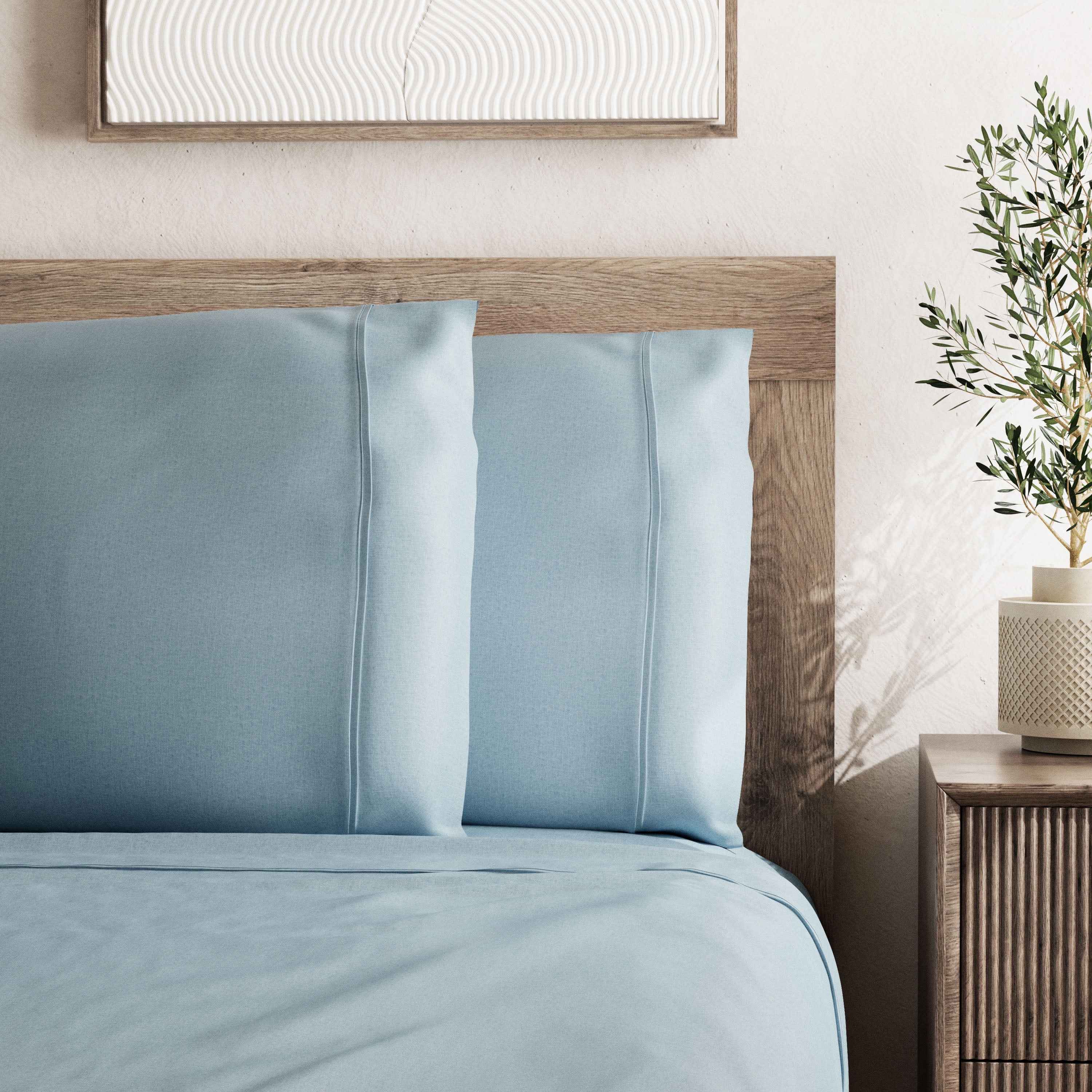 Seed & Stone Recycled Cotton Percale Bed Sheet Set, Soft, with Deep Pockets, King, Blue, 4-Piece