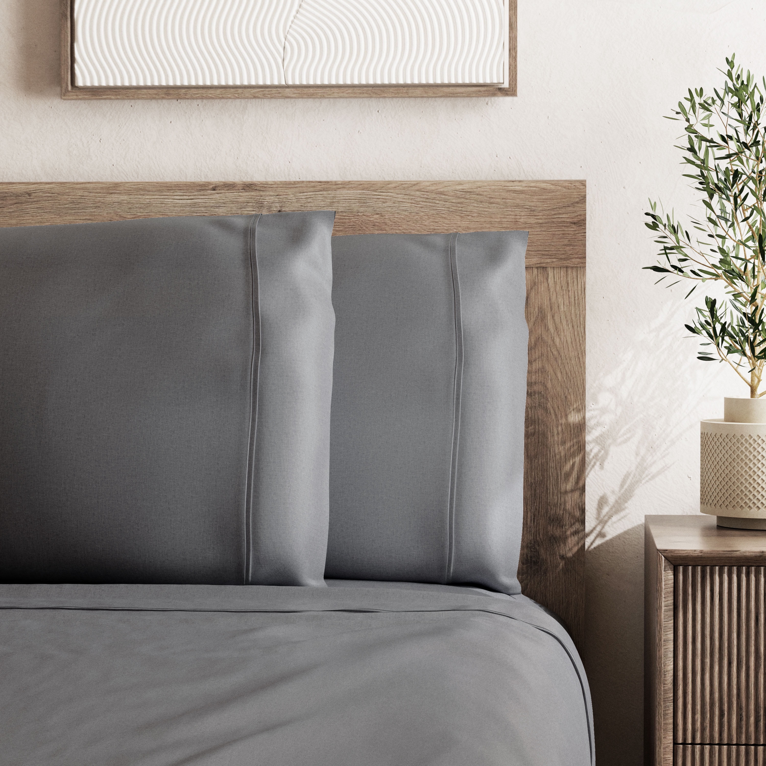 Seed & Stone Recycled Cotton Percale Bed Sheet Set, Soft, with Deep Pockets, King, Gray, 4-Piece