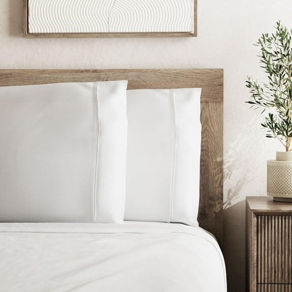 Seed & Stone Recycled Cotton Percale Bed Sheet Set, Soft, with Deep Pockets, Queen, White, 4-Piece