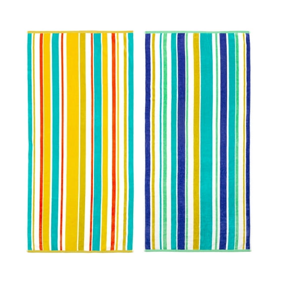 Seed & Stone Set of 2 Ultra Soft Beach Towels, 41% Recycled, 28" x 60", Laguna Stripe, Yellow Theme