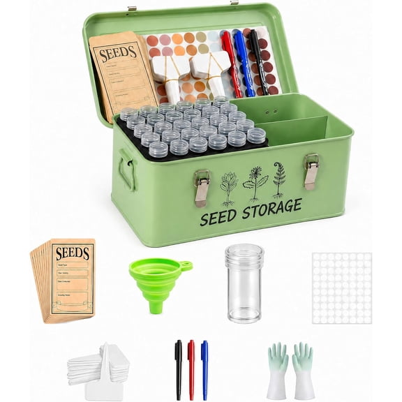 Seed Storage Box Metal Seed Packet Organizer with Garden String and Bamboo Plant Labels. Seed Container Storage delivering complete Seed Saving Organization for every Garden Lover.