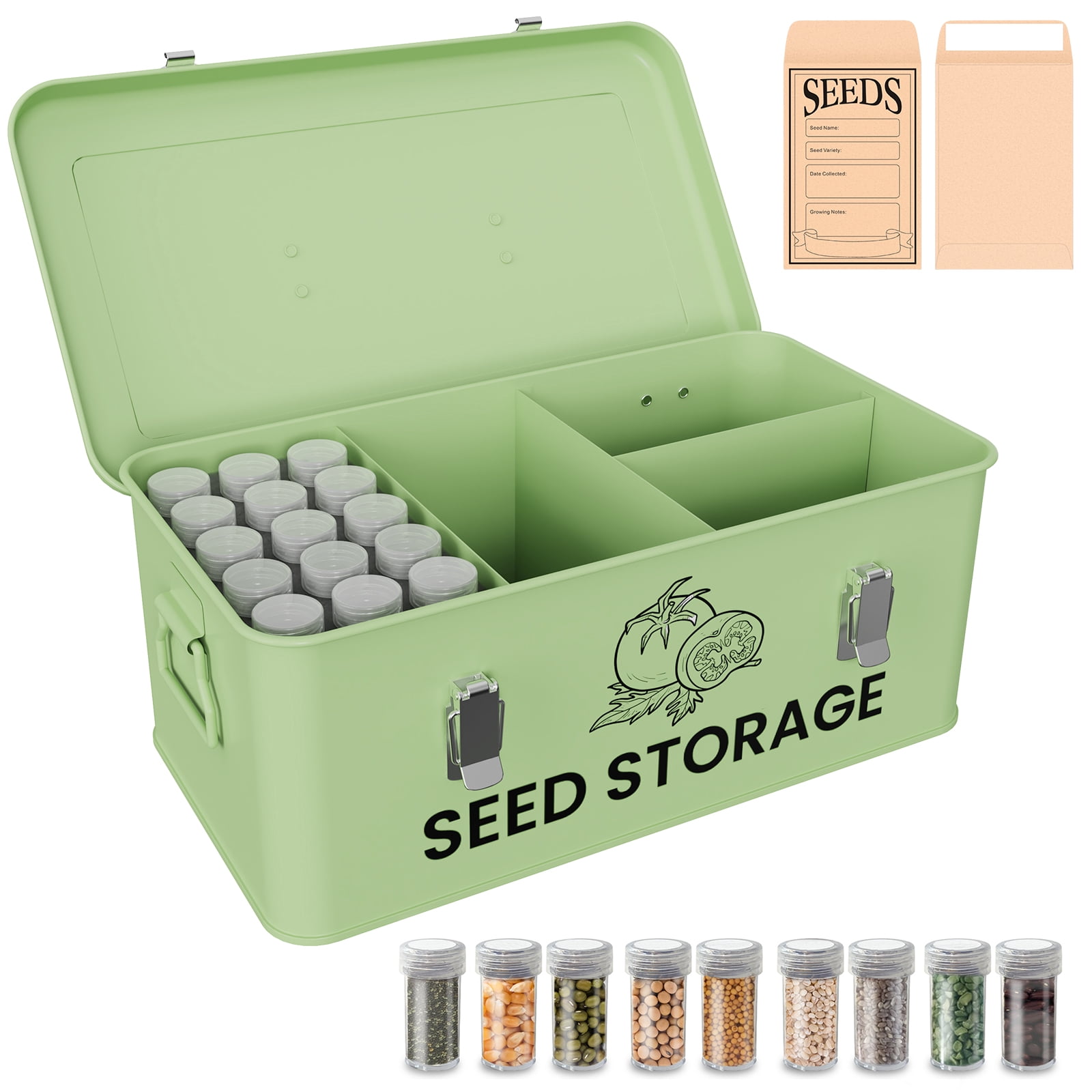 Seed Storage Box Organizer - Metal Gardening Seed Storage Container Set, Moisture-Proof Seed Vault, Ideal for Long-Term Storage (Green)