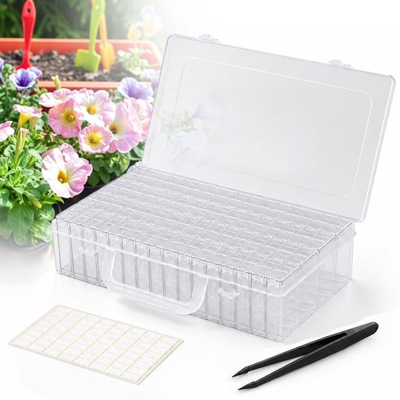 Seed Storage Organizer, 64 Snap-Lid Containers, Transparent Case, Tweezers, Labels, Flower Planting, Sprouting