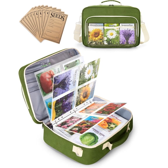 Seed Storage Organizer Binder with 20 PCS Reusable Seed Envelopes - 30 Pack Sheet Protectors Holds 120 Packets Envelopes, Seed Saving Bag for Garden Planner, Green
