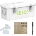 thumbnail image 1 of Seed Storage Organizer, Metal Seed Saving Box with Lid, Seed Bin with 30 Plant Labels 30 Seed Envelopes 1 Marker Pens, 4 Compartments Box with Safety Locks, Blackish Green, 1 of 7