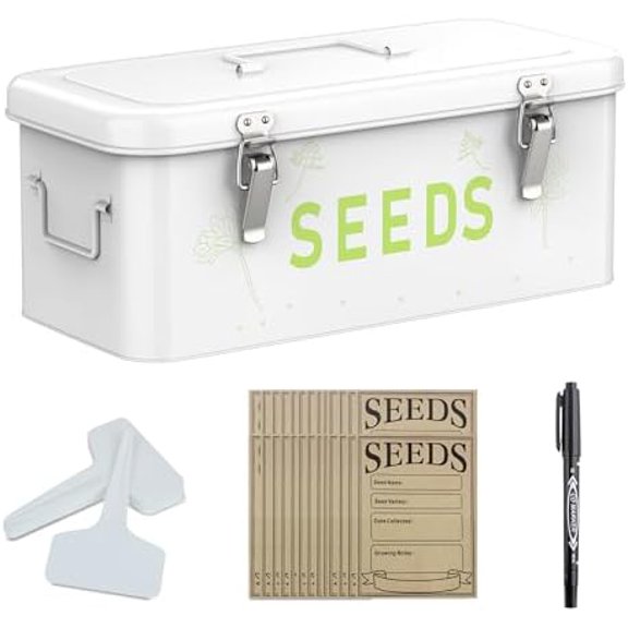 Seed Storage Organizer, Metal Seed Saving Box with Lid, Seed Bin with 30 Plant Labels 30 Seed Envelopes 1 Marker Pens, 4 Compartments Box with Safety Locks, White