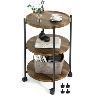 Seeday End Side Table, Round Sofa Table with Metal Frame, 3-Tier Small Coffee Table Narrow Nightstand for Living Room Bedroom Outdoor, Walnut