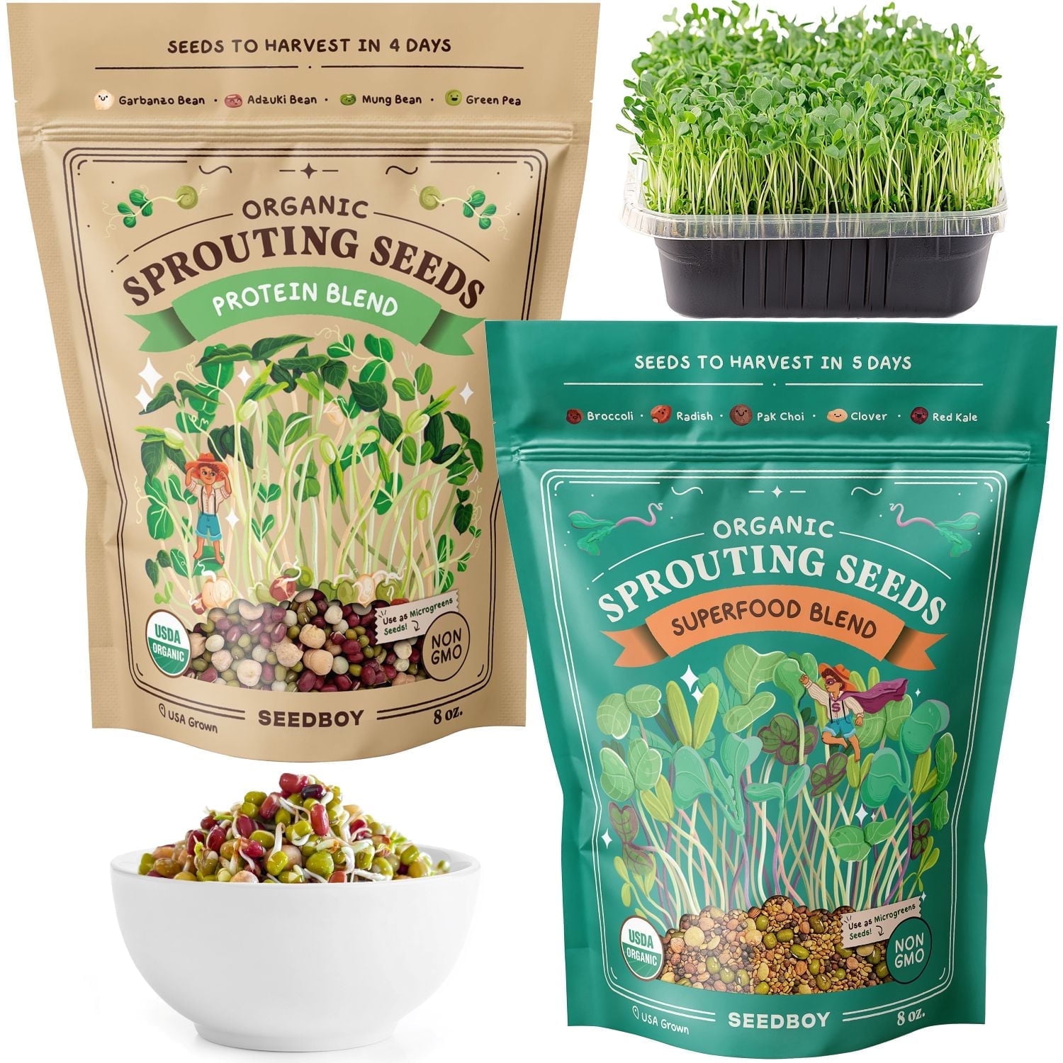 Seedboy Organic Non-GMO Sprouting Seeds Variety Pack, Superfood & Protein Blends - USA Grown - 8 oz Bags
