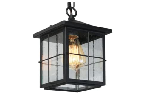 Matte Black Seeded Glass 1-Light Outdoor Pendant Lantern
