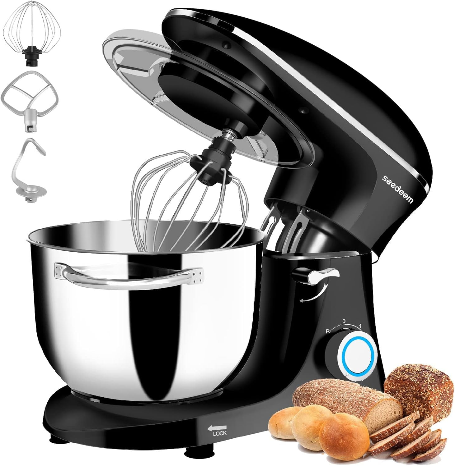 Seedeem 6Qt Black Stainless Steel Tilt-Head Stand Mixer