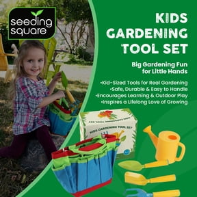Seeding Square Kids Garden Tool Set All-in-One Gardening Kit with Trowel, Shovel, Rake, Watering Can & Tote Bag Durable, Safe & Fun Outdoor Activity for Children Ages 3+