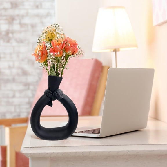Seedling Pots​ Knotted Ring Black/White Ceramic Vase White Bloom Leaf Accent Art Curve Soft Shape Unique Stylish Floral Display Pot
