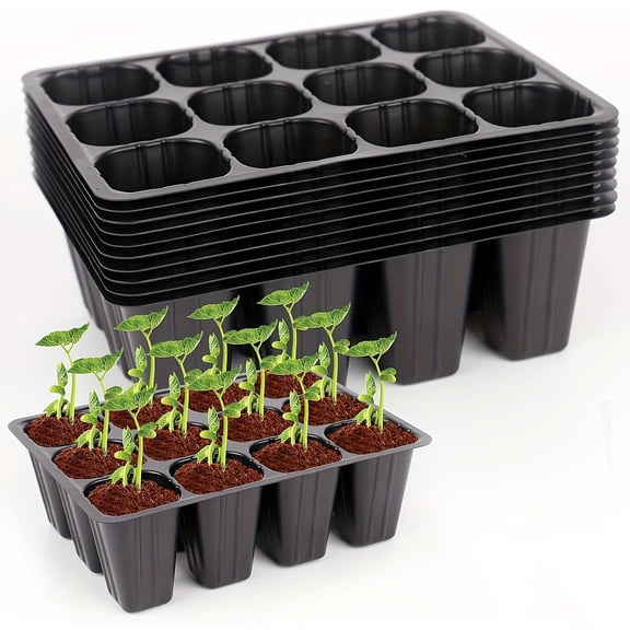 Seedling Tray, 10 Pack 12-Cell Seed Starter, Reusable Plastic Propagation Trays with Drainage Holes and Inserts for Home Garden Vegetable and Herb Cultivation