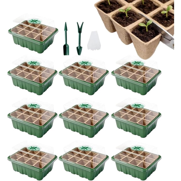 Seedling Tray Set , Mini Greenhouse Kit, 12 Cells Seed Starting Trays with Moisture Dome, Plant Germination Propagation System for Indoor & Outdoor Garden Growing(RL 10 PCS)