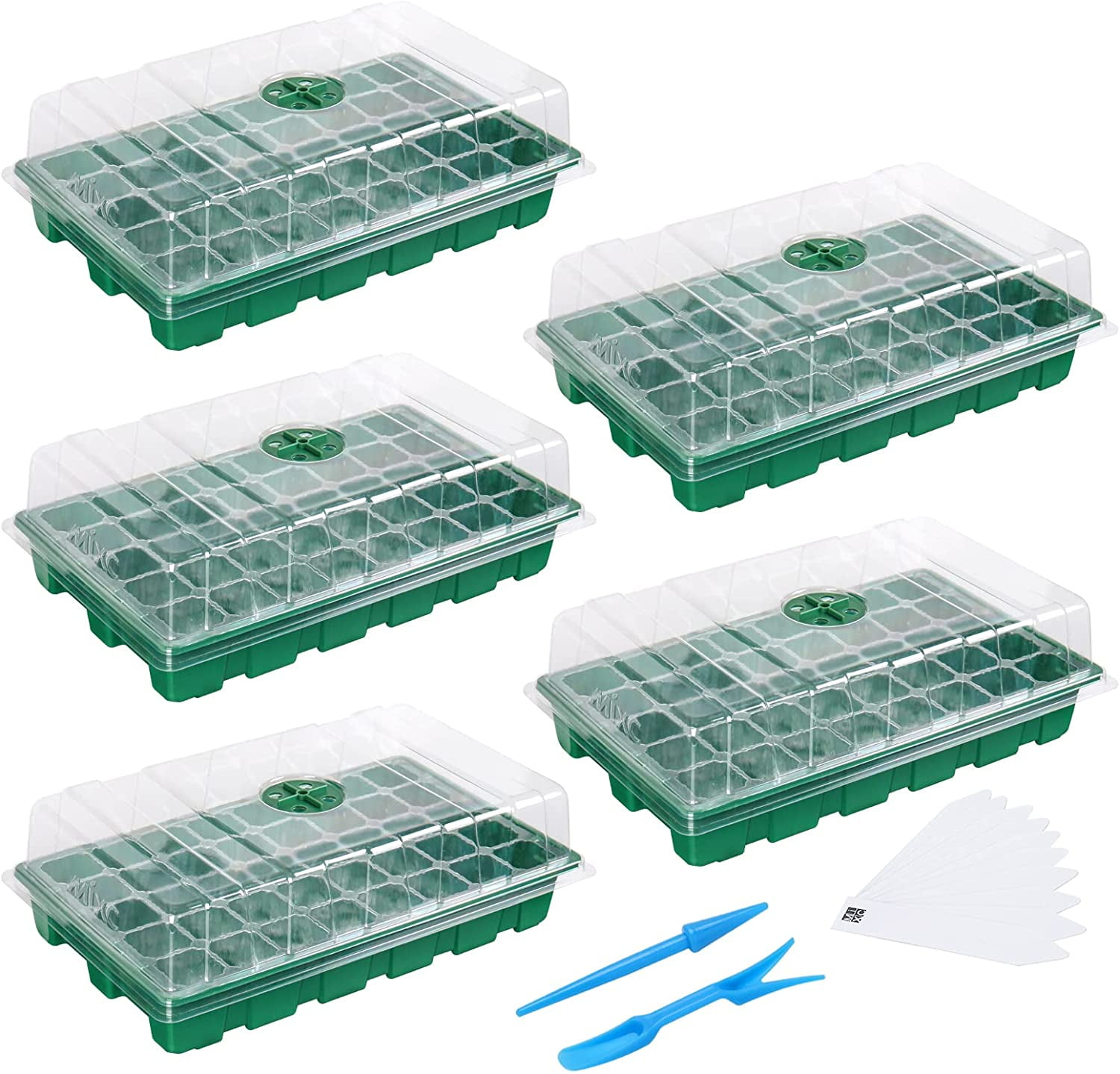 Seedling Trays Seed Starter Tray, 5-Pack Mini Propagator Plant Greenhouse Grow Kit with Humidity Vented Domes and Base for Seeds' Starting (40 Cells Per Tray, Total 200 Cells), Green