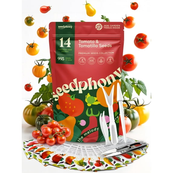 Seedphony 14 Tomatillo & Tomato Seeds MVR1 for Planting Variety 990+ Non-GMO Heirloom Vegetable Seeds for Growing Tomato Indoor & Outdoor: Cape Gooseberry, Cherry, Flame, Roma, Beefsteak Tomatoes