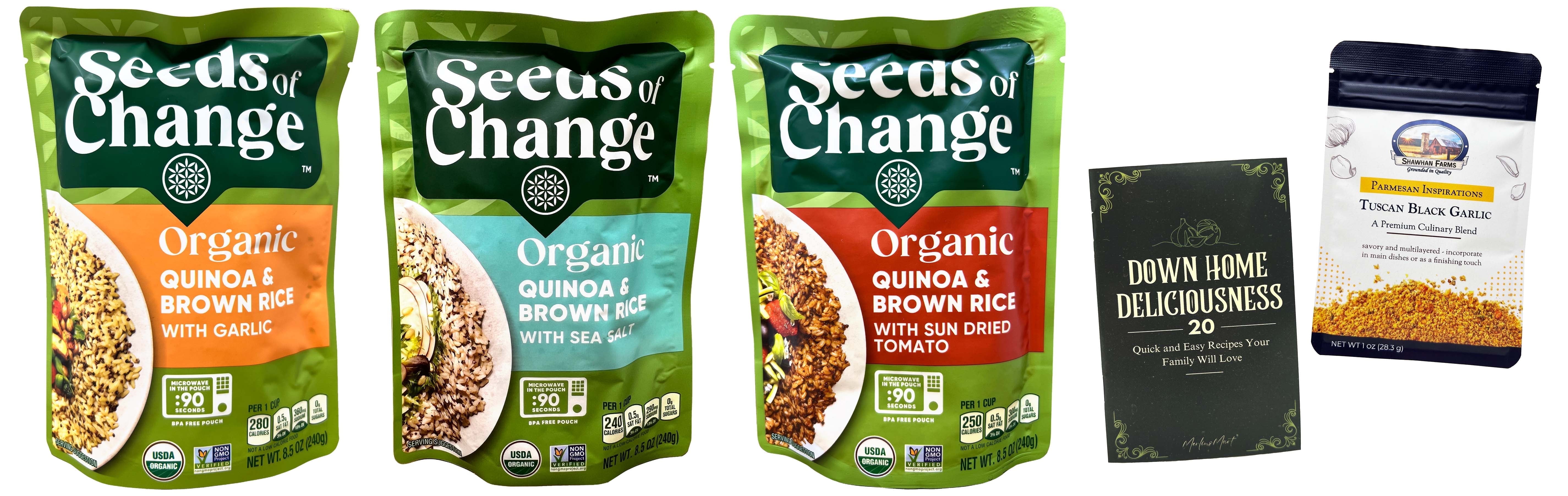 Seeds of Change Organic Quinoa & Brown Rice Side Dishes - 3 flavors - 1 each: Sun Dried Tomato, Sea Salt, Garlic (8.5 oz) | Shawhan Farms Parmesan + MerlinsMart Zine