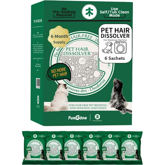 by Seedshub Pet Hair Dissolver Washing Machine Cleaner Powder, 6 Months Supply, Dog Cat Fur, Stains & Odors Remover for Laundry, Pet-Friendly, Deep Cleaning for HE Top & Front Load, 6 Sachets