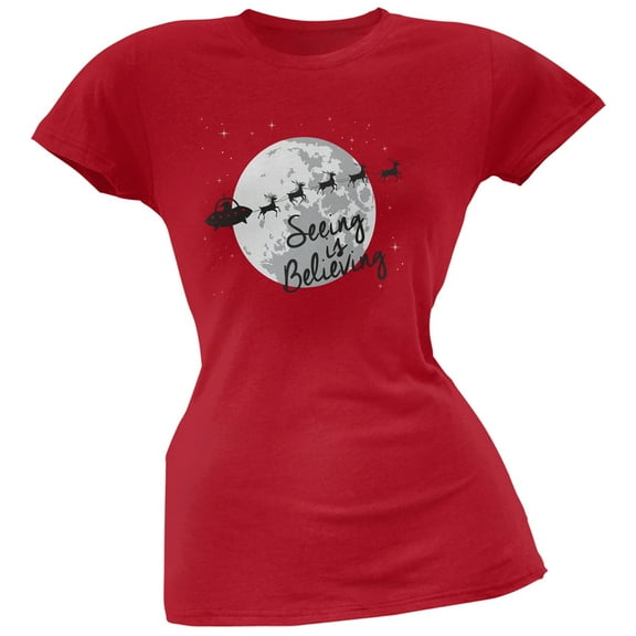 Seeing Is Believing Alien Santa Red Soft Juniors T-Shirt - Medium