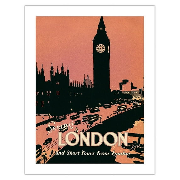 Seeing London - and Short Tours from London England - Big Ben Clock Tower - Vintage Travel Poster c.1932 - Bamboo Fine Art 290gsm Paper (Unframed) 17x22in