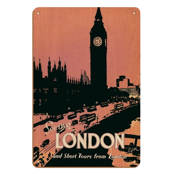 Seeing London - and Short Tours from London England - Big Ben Clock Tower - Vintage Travel Poster c.1932 - 8 x 12 inch Vintage Wood Art Sign