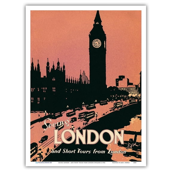 Seeing London - and Short Tours from London England - Big Ben Clock Tower - Vintage Travel Poster c.1932 - Master Art Print (Unframed) 9in x 12in