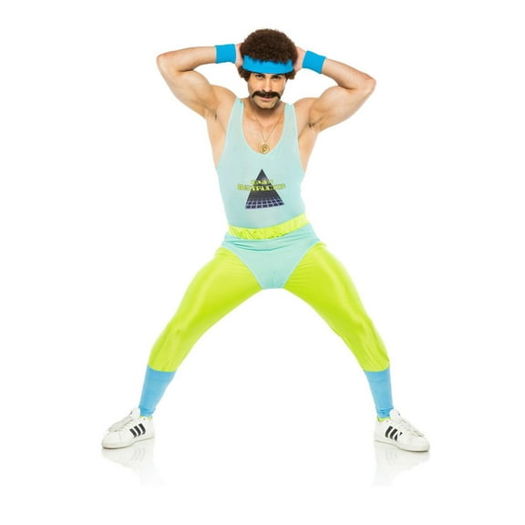 Seeing Red 80's Gym Instructor Costume for Men with Leotard, Headband, Tights, One Size