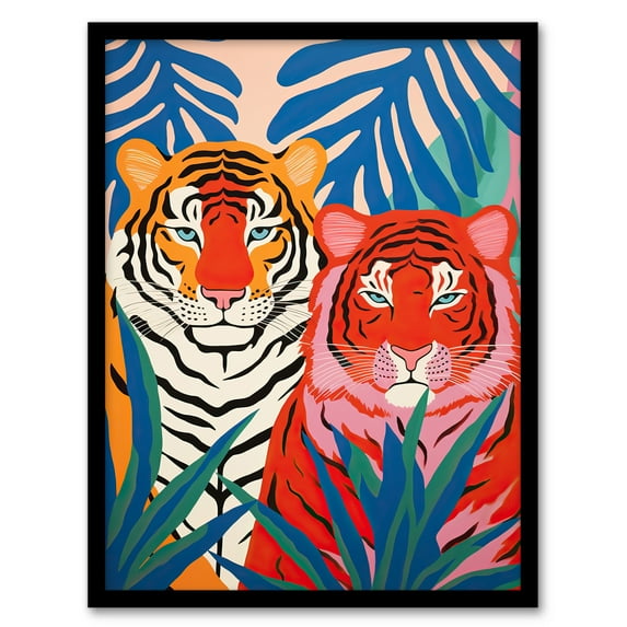 Seeing Red Tigers Waiting to Pounce Behind Plants Bold Orange Blue Vibrant Painting Art Print Framed Poster Wall Decor 12x16 inch