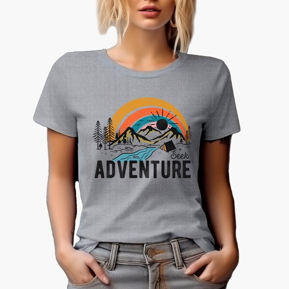 Seek Adventure, Retro Mountains, River & Camping Tent Art Merch Gift, Heather Grey T-Shirt, Small