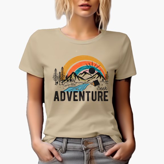 Seek Adventure, Retro Mountains, River & Camping Tent Art Merch Gift, Tan T-Shirt, Small