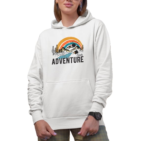 Seek Adventure, Retro Mountains, River & Camping Tent Art Merch Gift, White Hooded Sweatshirt or Hoodie, XL