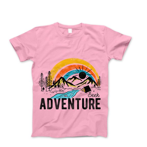 Seek Adventure T-Shirt - Camping Hiking Nature Lover Shirt Mountain and Rainbow Tee Ideal Travel Gift