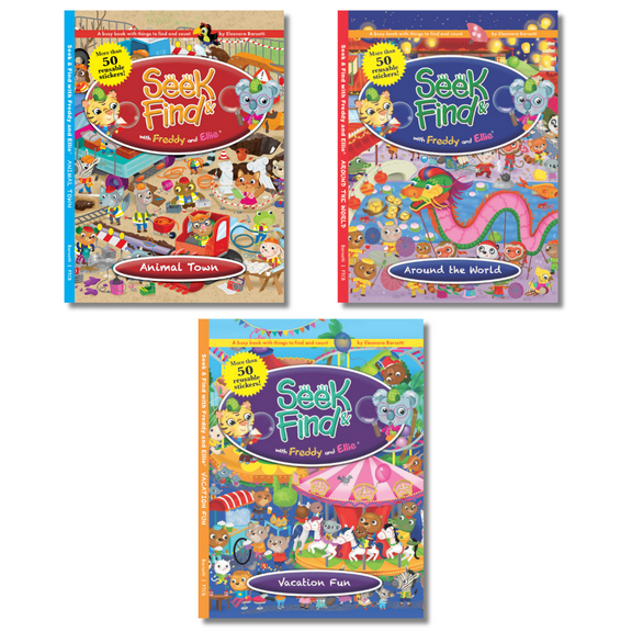 Seek & Find with Freddy and Ellie® Animal Town, Around the World & Vacation-3 Book Set