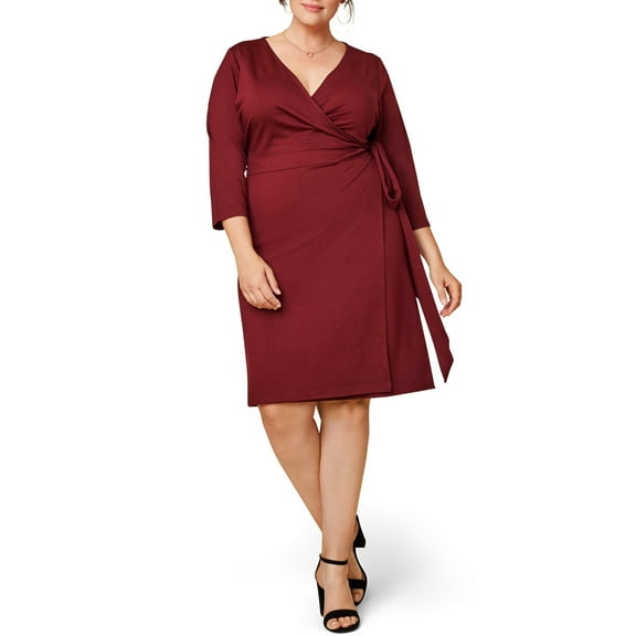 Seek No Further Women’s Plus Size Ponte ¾ Sleeve V-Neck Wrap Dress
