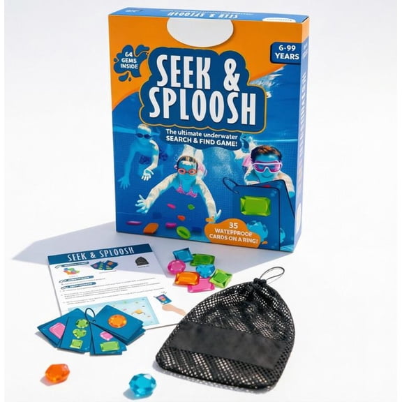 Seek & Sploosh Interactive Underwater Adventure Kit  64 Colored Gems + 35 Waterproof Cards, Encourages Parent-Child Play & Skill Building