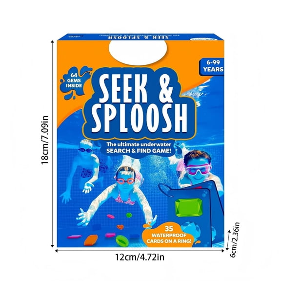Seek & Sploosh Underwater Pool Search Game, Interactive Dive Water Activity, Summer Backyard Swimming Game Set with 64 Vibrant Dive Gems & 35 Waterproof Challenge Cards