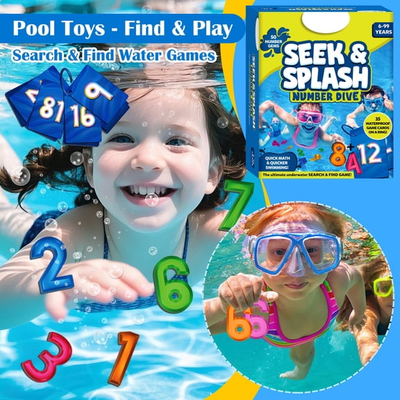 Seek & Sploosh Underwater Pool Search Game Set with 50 Number Gems, Interactive Diving Water Activity for Summer Swimming and Backyard Pool Recreation